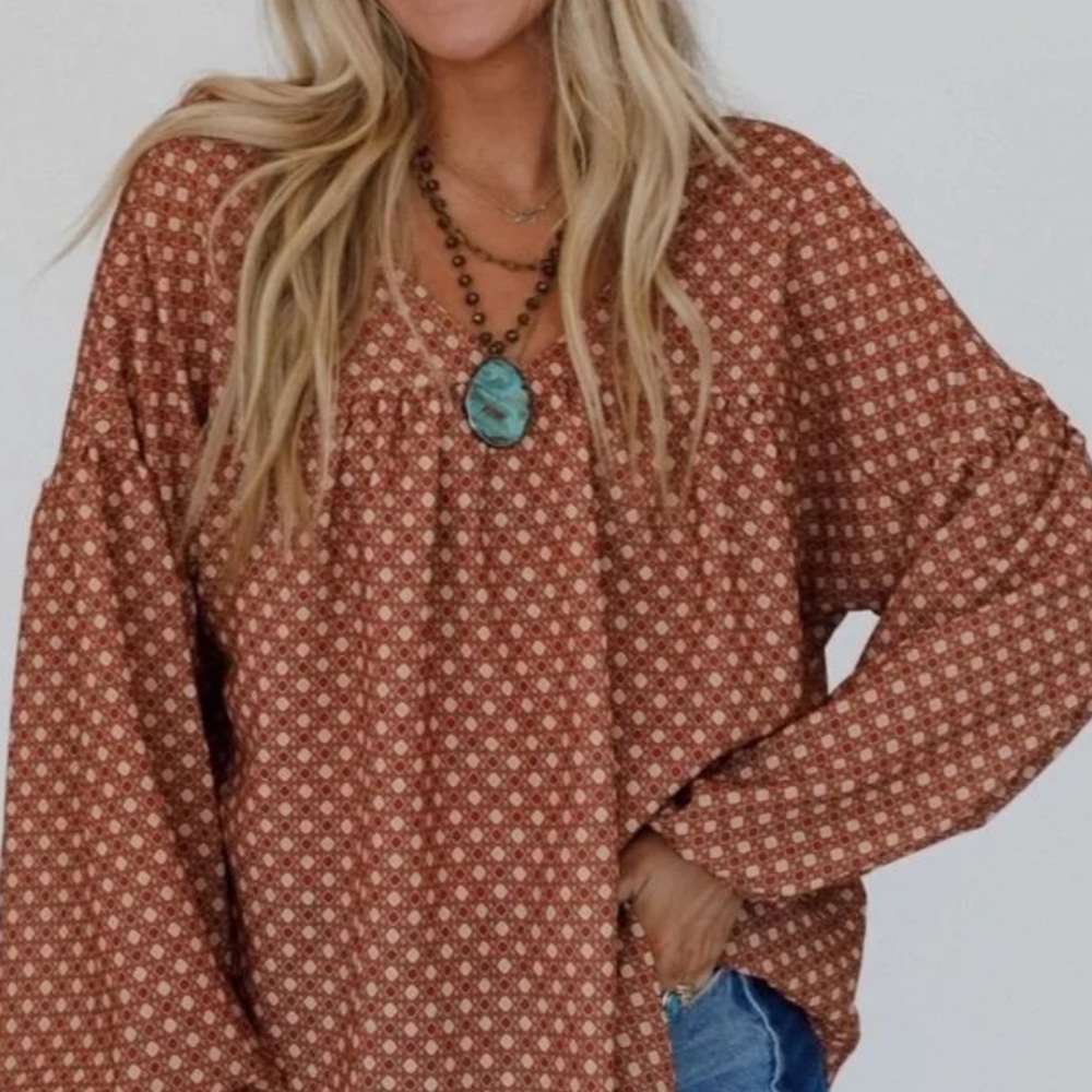 Three Bird Nest Rust Printed V-Neck Peasant Tunic